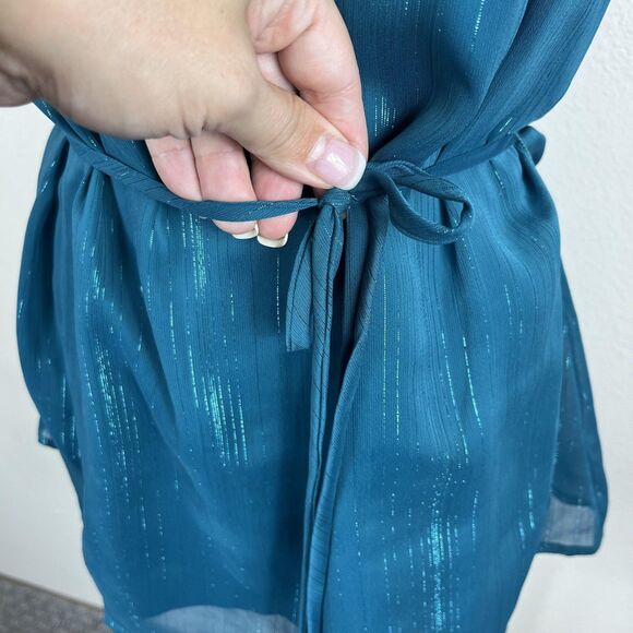 ModCloth Top Womens Small Teal Peter Pan Collar Metallic Belted Blouse Mod Retro - Picture 5 of 10